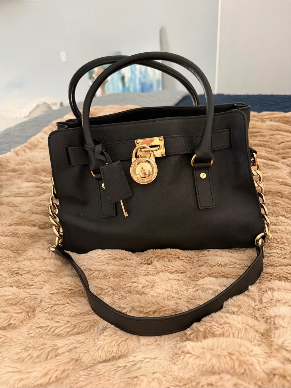 Michael Kors Hamilton Black Saffiano Leather Satchel Gold Hardware